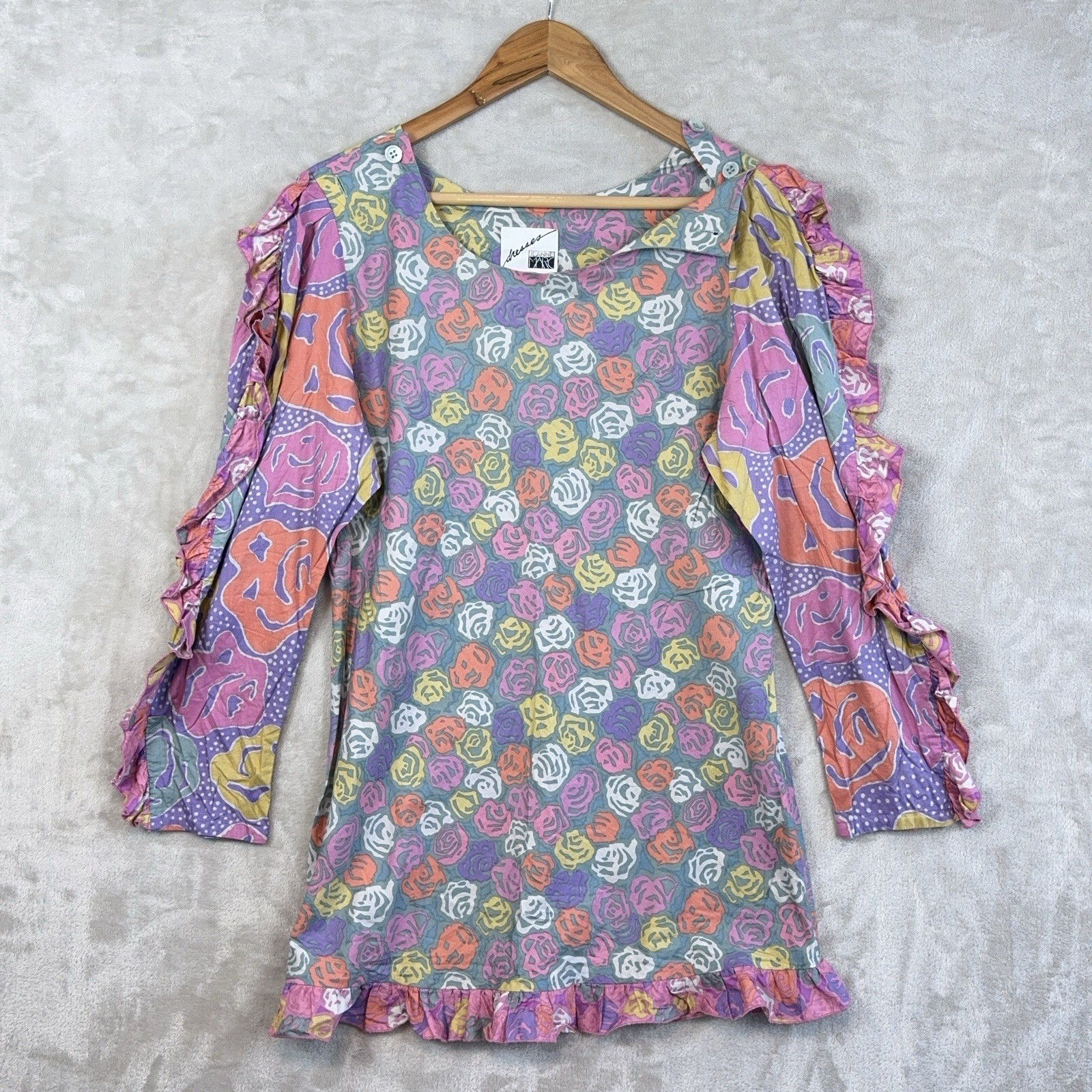 Vintage 90s Jeanne Marc Botanical Ruffle Sleeve Mini Dress Cotton Size 10 HK