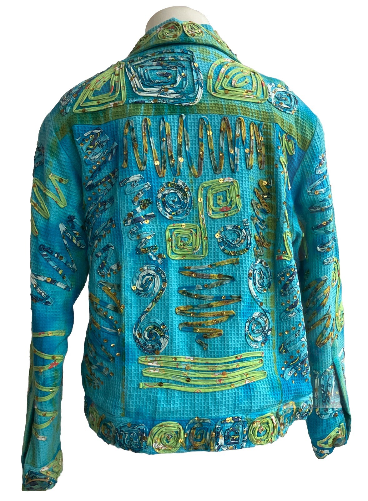 Vintage 90s Turquois Jacket Patchwork Bedazzle Retro CARRIE ALLEN Size Small