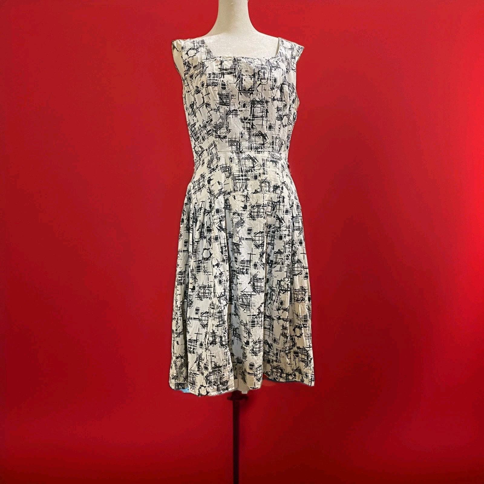 VTG 50s Fit To Flare Cotton Black & White Abstract Atomic Age Print Dress S