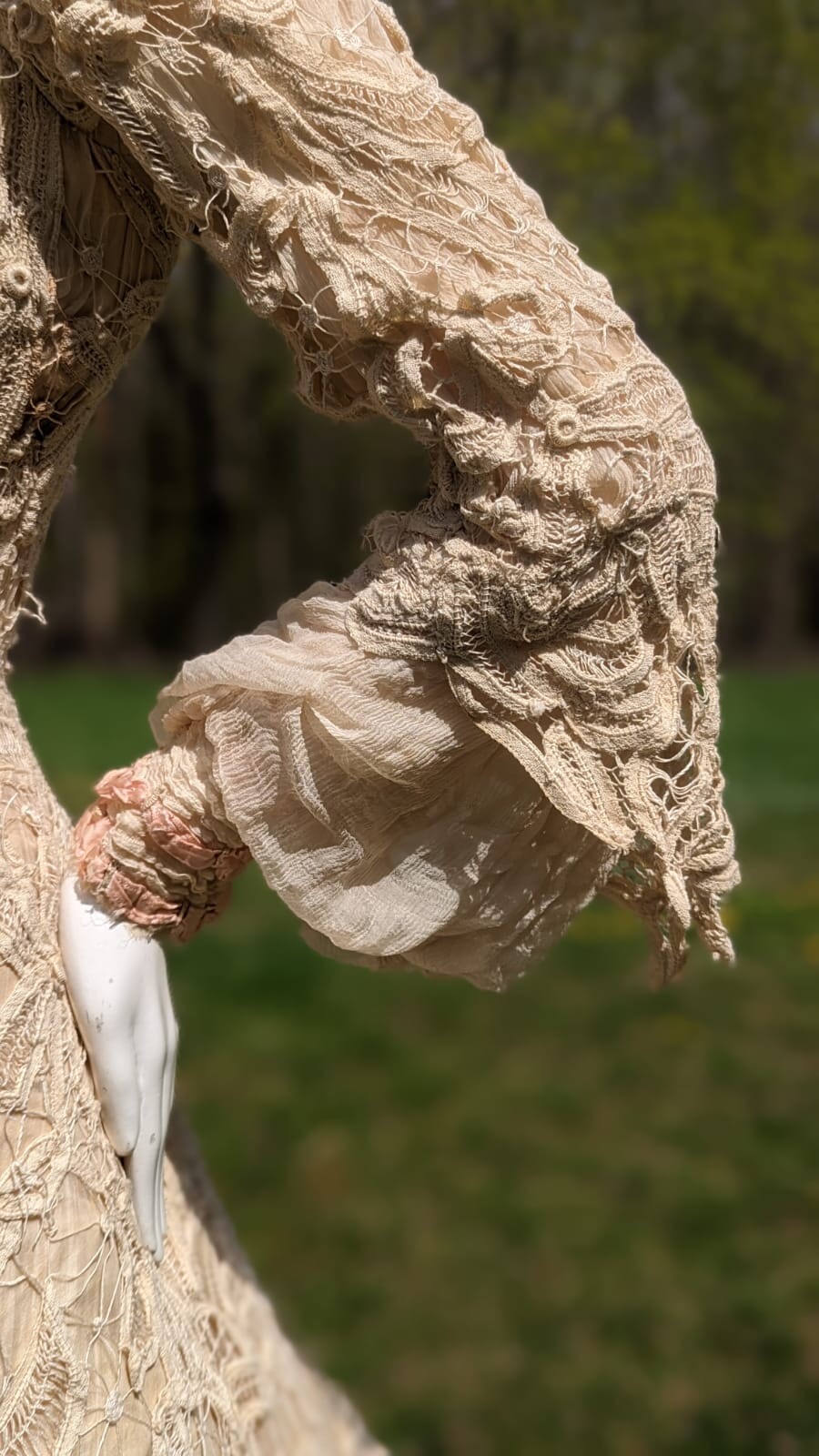VICTORIAN HAND MADE BATTENBURG LACE DRESS W BELL SLEEVES + TRAIN