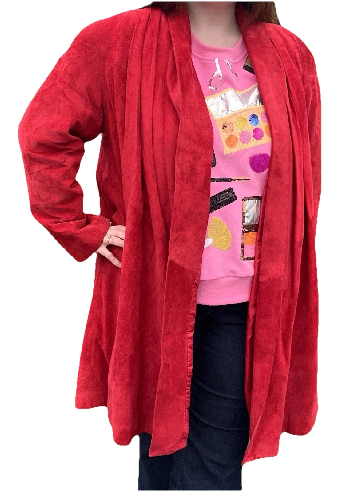 Vtg 80s 90s LaNouvelle Renaissance Women’s M Red Suede Leather Swing Coat Gen X