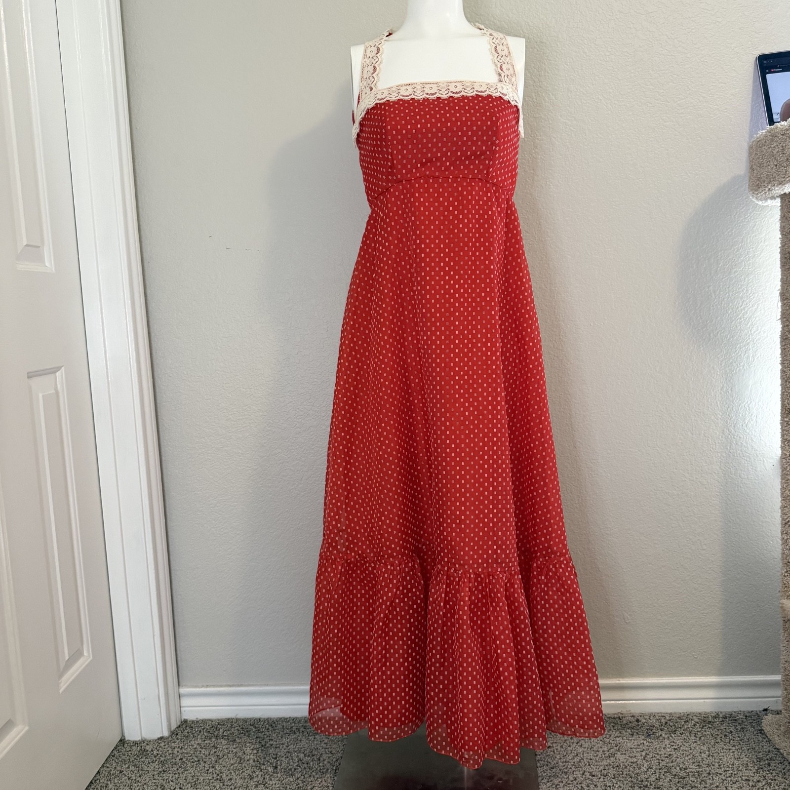 70&rsquo;s red and white Swiss dot Lorrie Deb union made dress