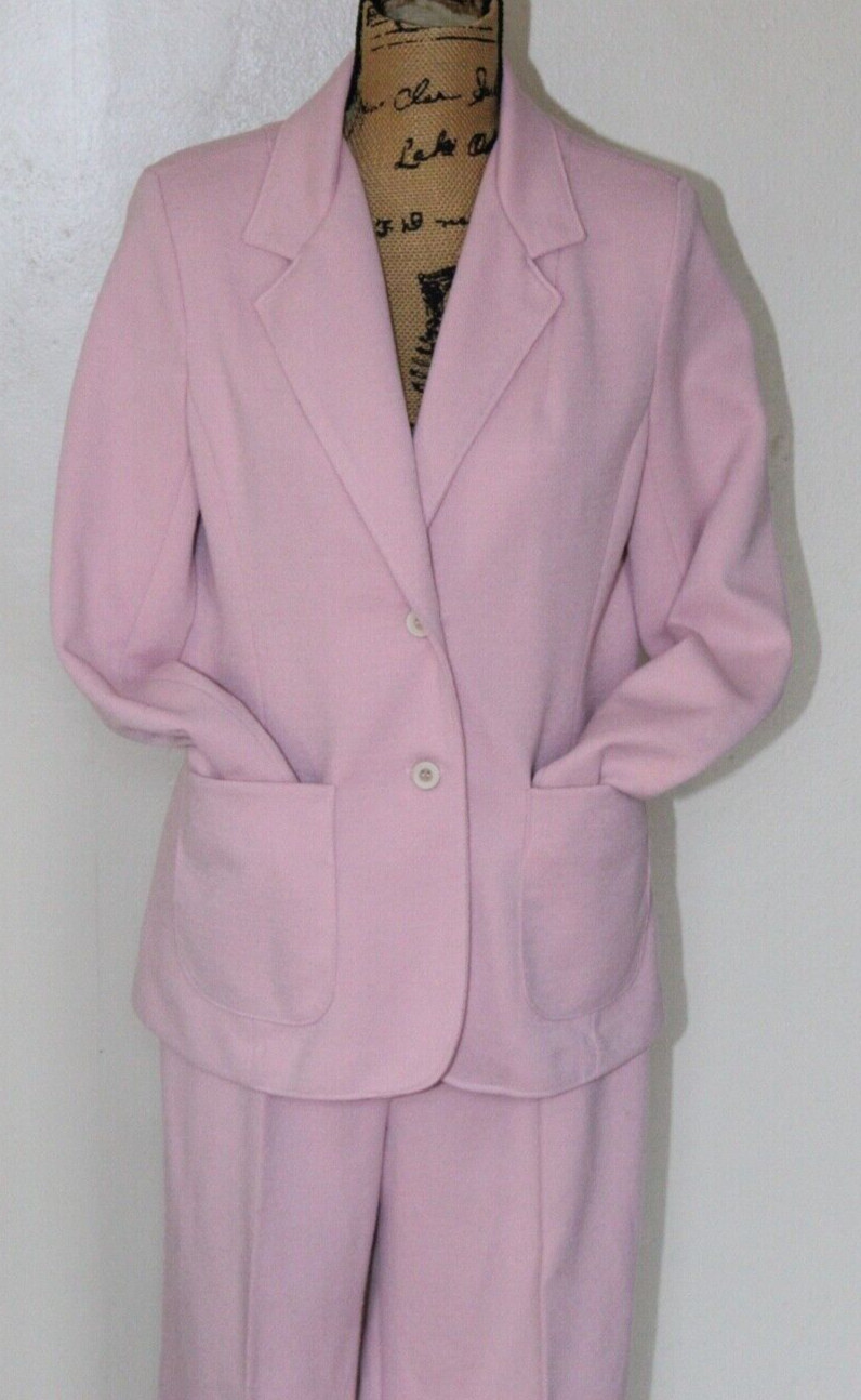 Vtg 60s 70s Dusty Pink Polyester 2 Pc Wide Leg Leisure Pant Suit Blazer Womens M