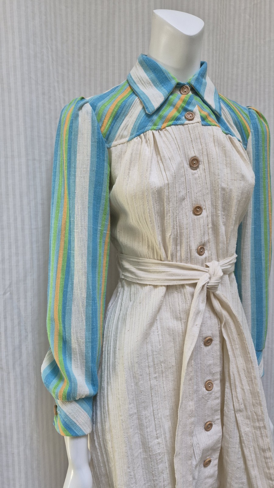 Vintage 1960/70s Blue Stripe Button Front Shirt Dress – Size S