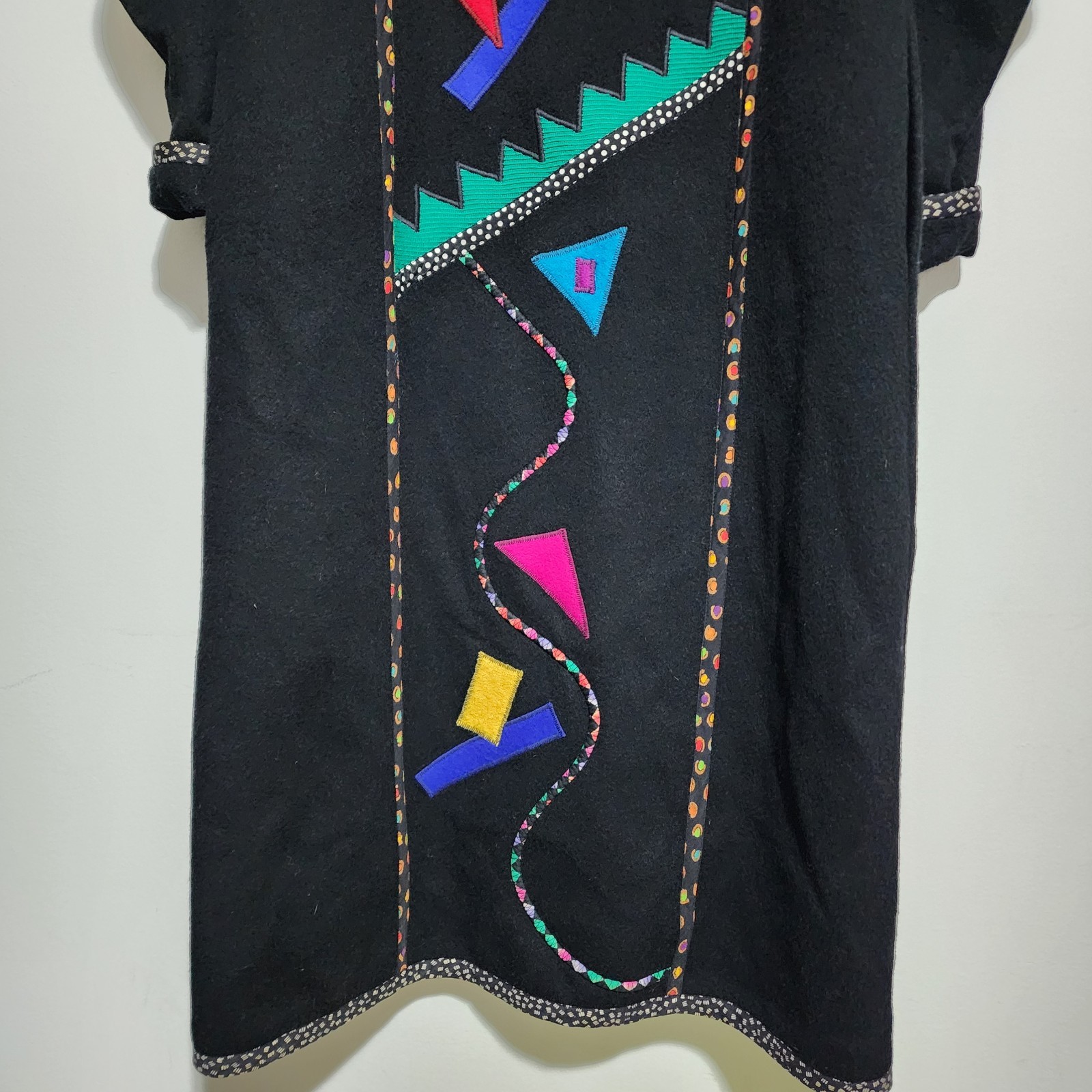 Vintage LYNN MURRAY Wearable Art Wool Coat Long Black Applique Geometric 80s 90s