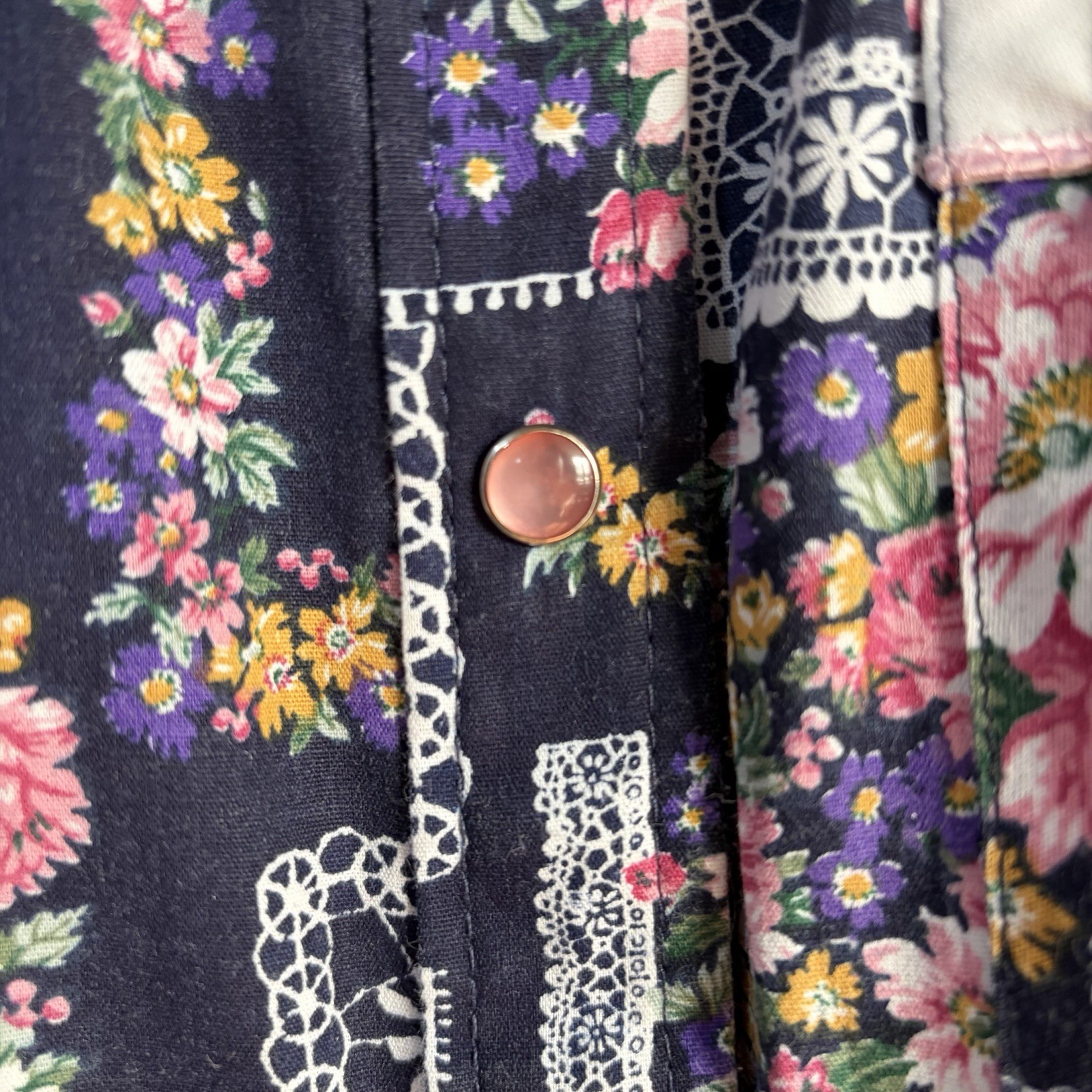 VTG Models Coat House Dress Patchwork Floral Blue Pink Snap Buttons Pockets