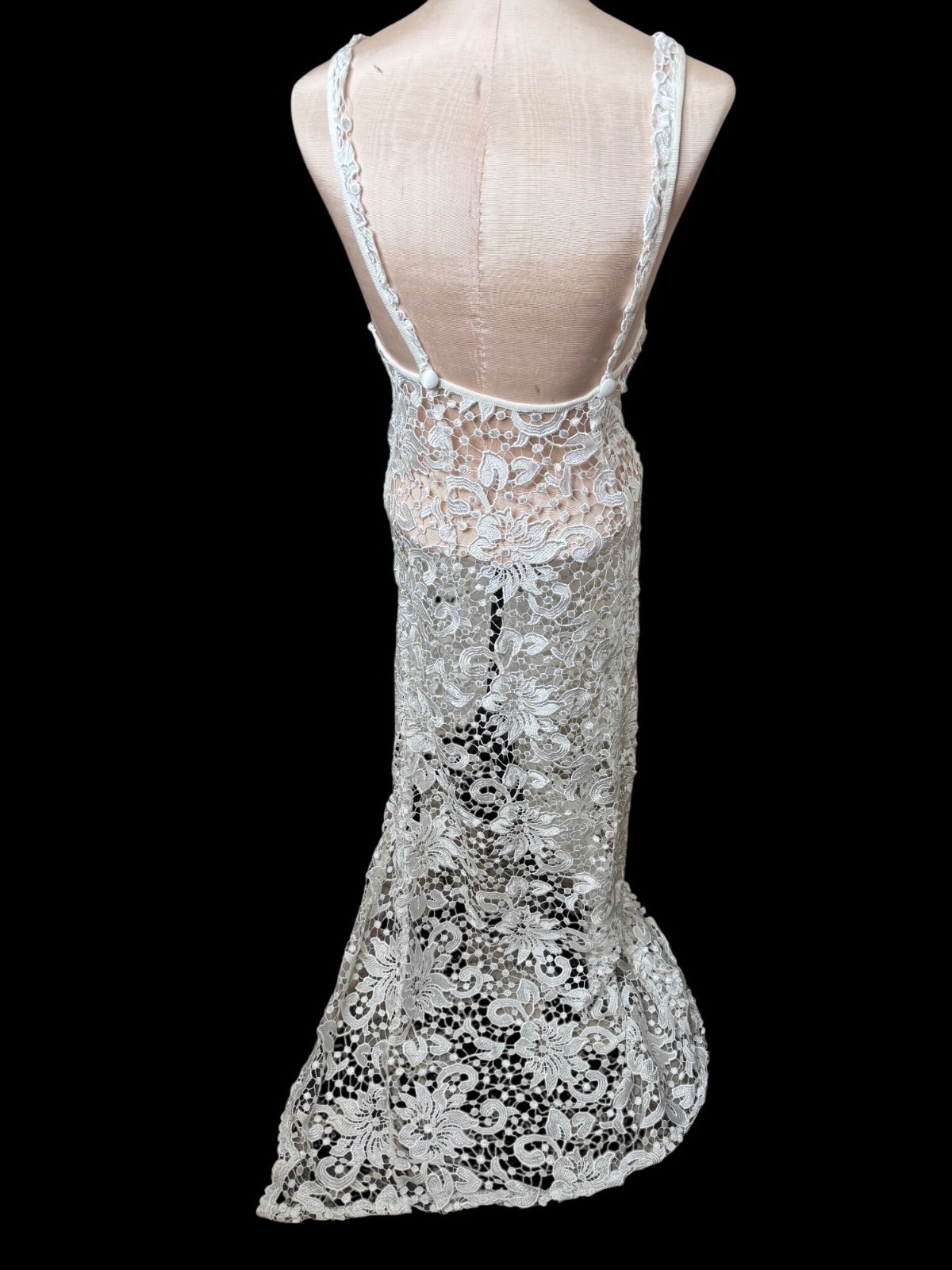 Vtg Sheer Crochet White Floral Lace Maxi Dress Edwardian S Coquette bridal boho