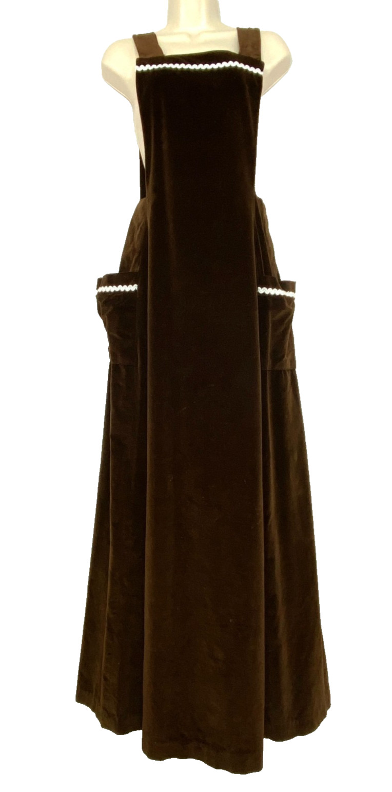 Vintage 1970s brown velveteen jumper maxi dress sleeveless pockets pinafore