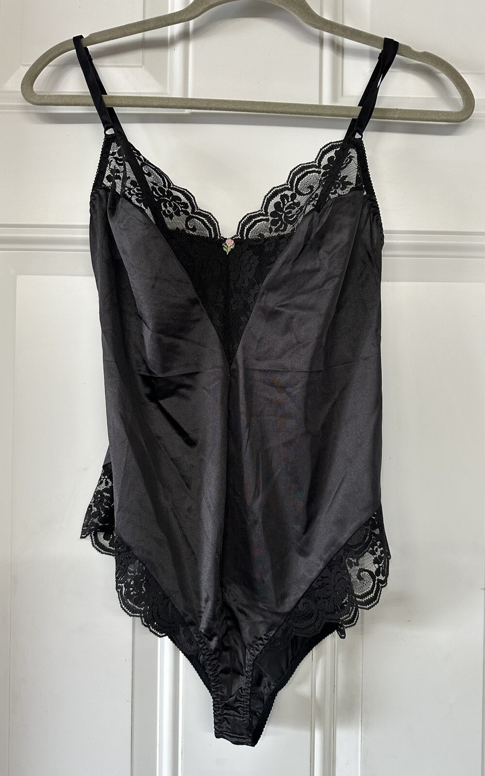 Vtg Maidenform Chantilly Lace Nylon Black Bodysuit Black Pink Rose Size M 36