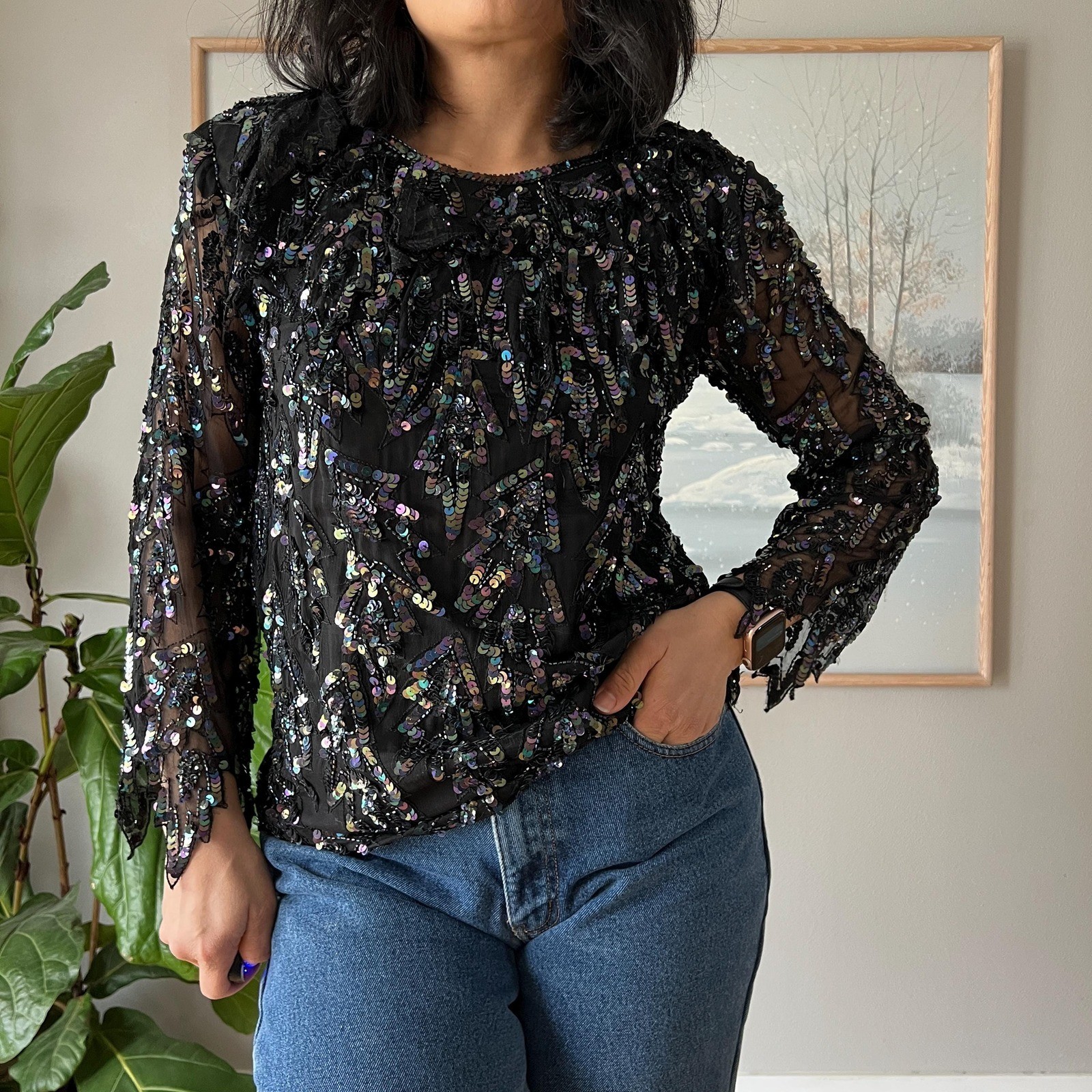 Vintage Silk Sequin Blouse Black Sheer Party Top 90s Y2K Glam Evening