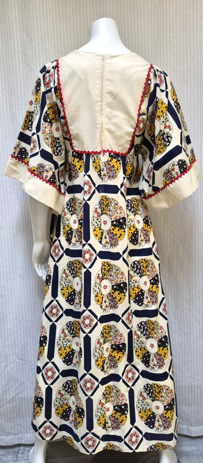Vintage 60s JCPenney Hippy Patchwork Print Kaftan Maxi Dress Kimono Sleeve – S