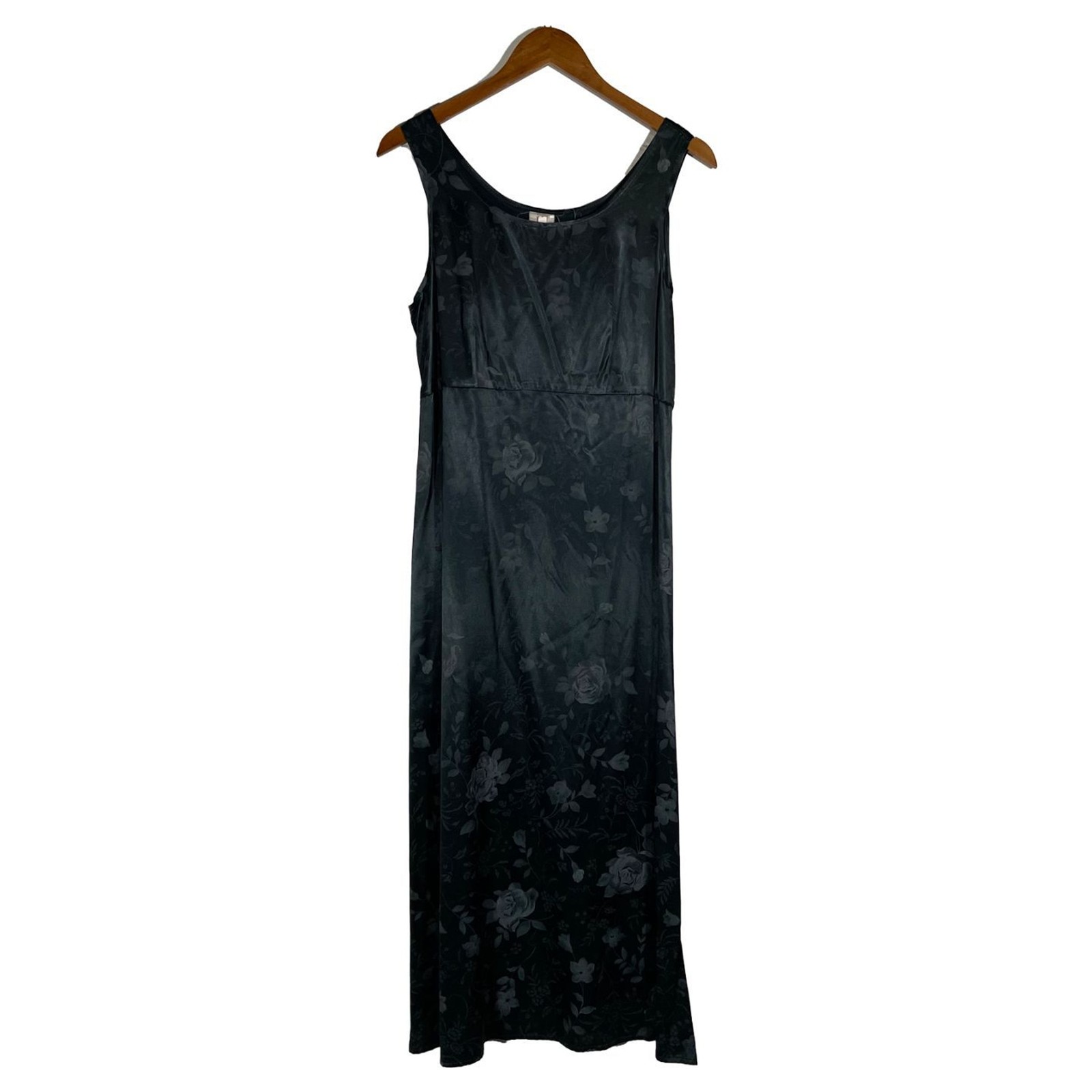 Vintage Dark Teal Satin Maxi Dress Floral Empire Waist Tie Back Sleeveless Sz 10