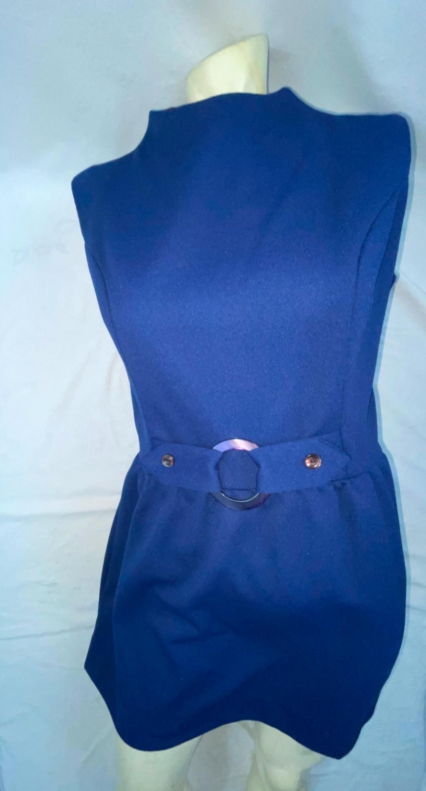 VTG 60S 70S WOMENS BLUE POLYESTER ACCENTED CINCHED BUCKLE DISCO GOGO RETRO DRESS