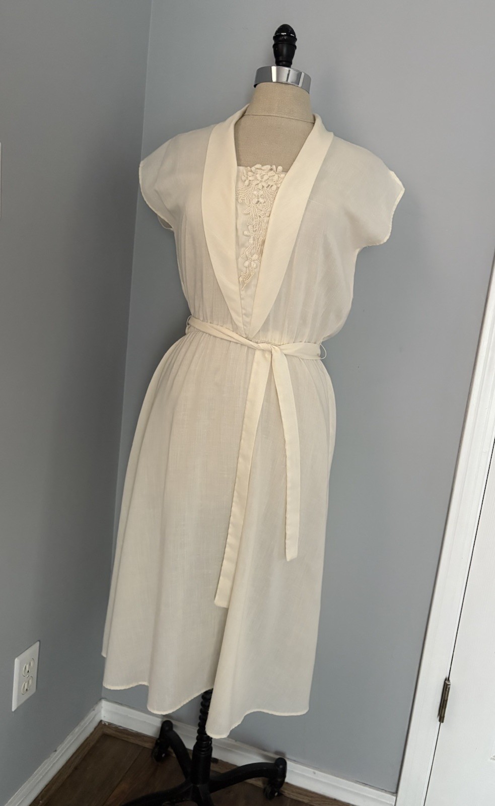 Vintage 70s Sweet Cream White Cotton Gauze Sun Dress Sheer Lace Boho Cottage 12