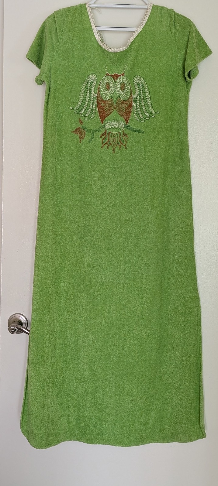 VTG Miss Smarty Pants Terry Cloth Dress Green Owl Print M House Dress 70&rsquo;s Beach