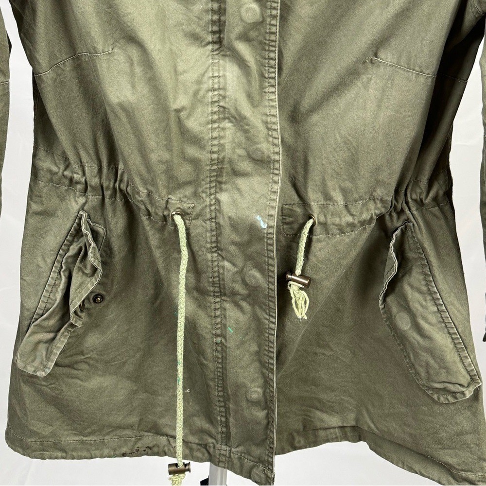 Vintage Olive Utility Jacket Hooded Military Style Anorak Drawstring Waist