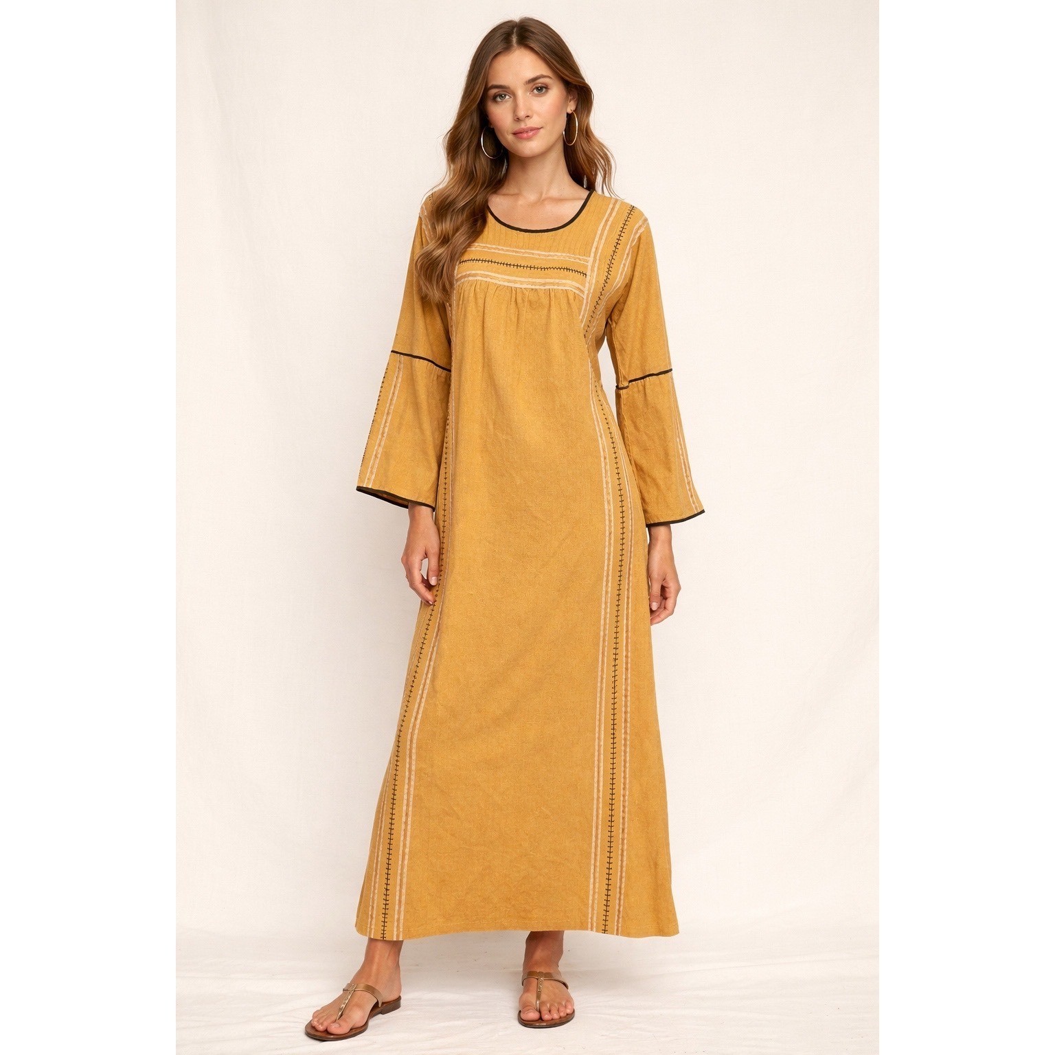 Josefa Vintage 70s 100% Cotton Long Kaftan Maxi Dress Size M Yellow Embroidered