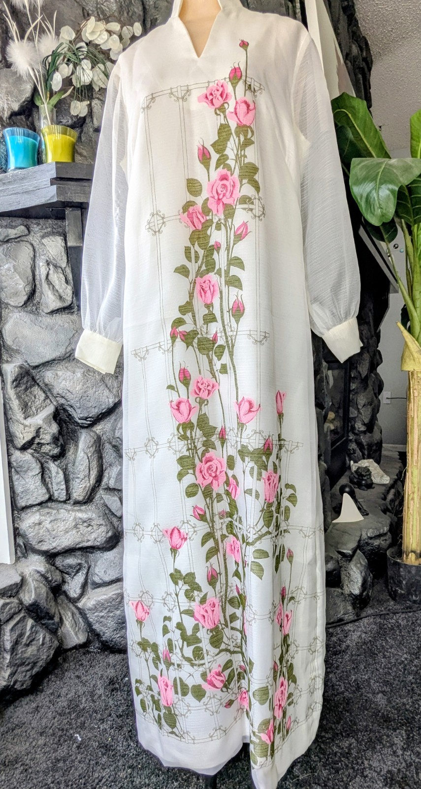 Vtg Alfred Shaheen Calif Hawaii Dress Kaftan Pink Sz 14/L Signed Sheer Sleeves