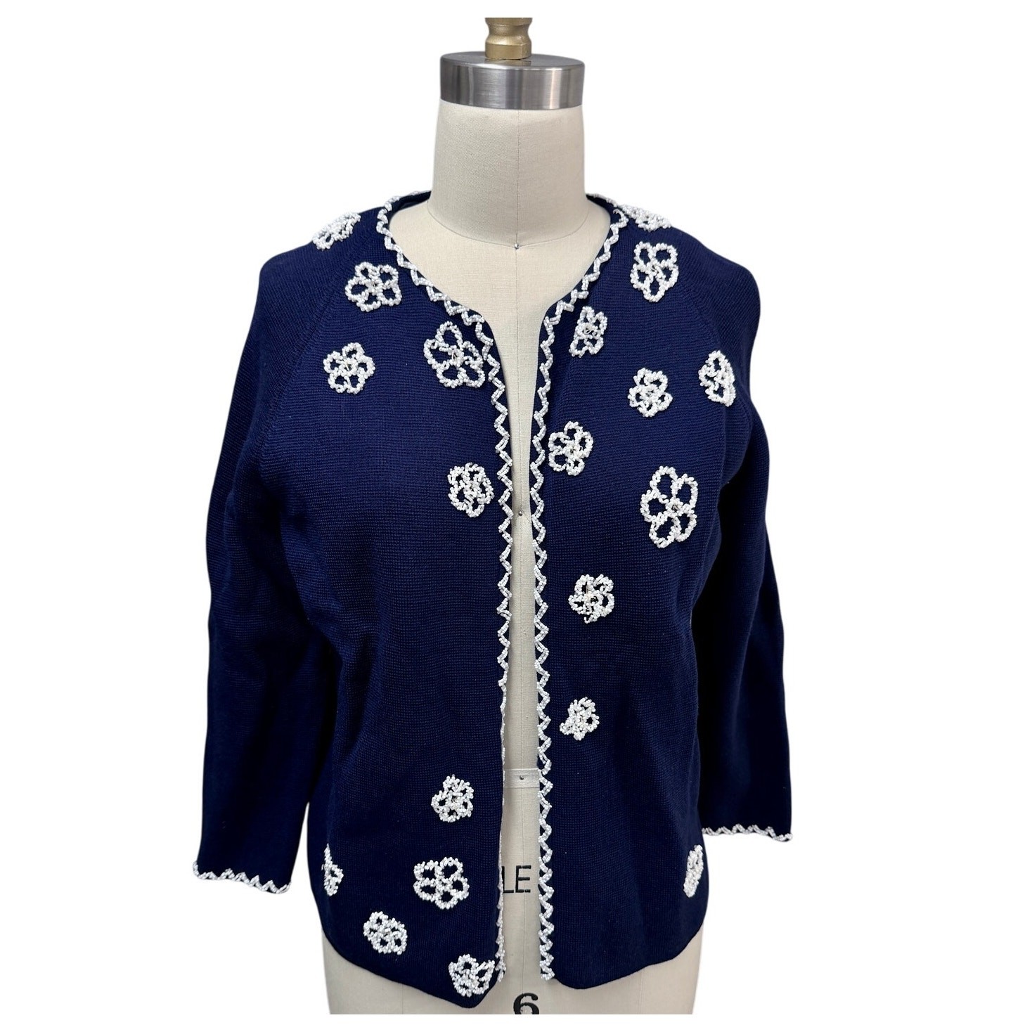 VTG 1950s Beaded Blue Wool Cardigan Rockabilly Midcentury Knitwear M