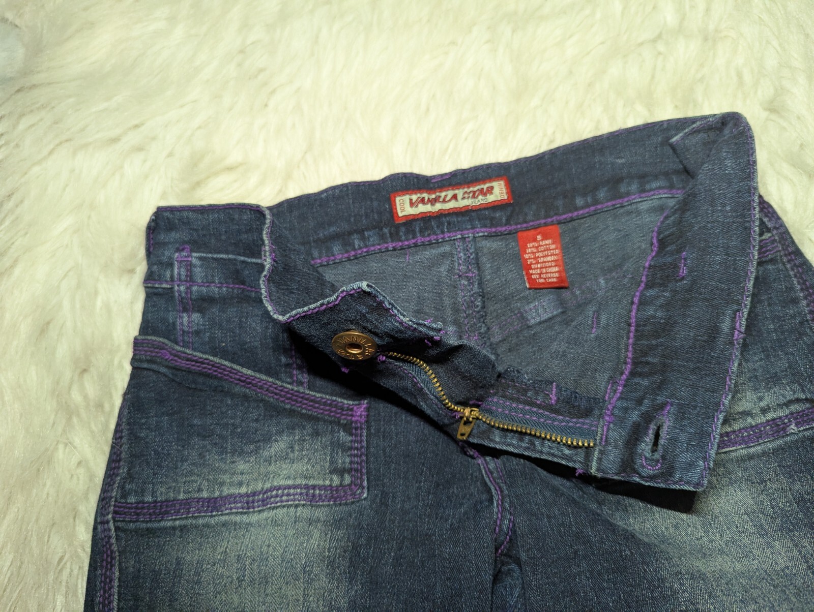 VANILLA STAR Purple STITCHED Low Rise Blue Jeans COOL DENIM Junior&rsquo;s 5 ALTERED
