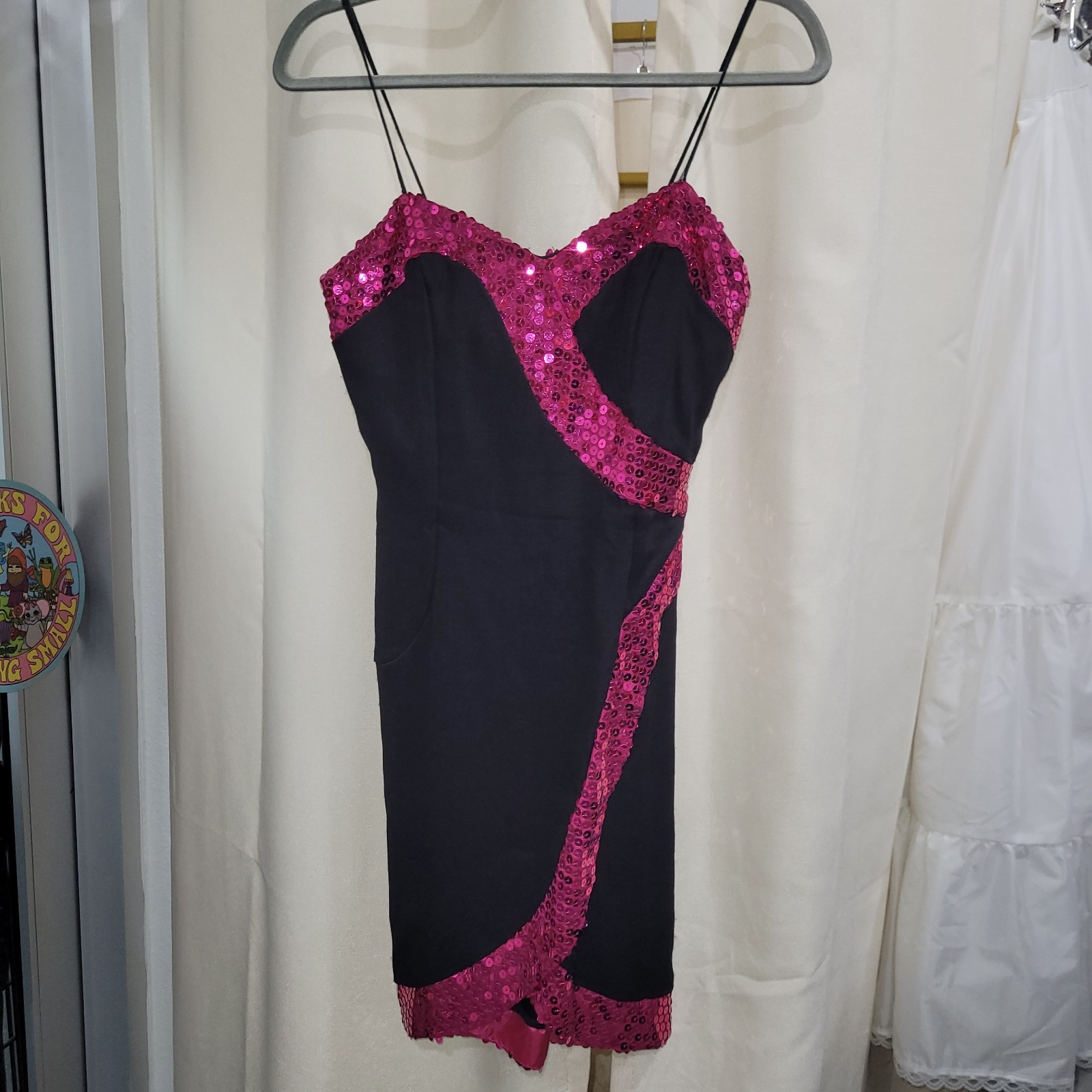 1980&rsquo;s Nadine Black & Pink Sequined SWEETHEART MINI DRESS