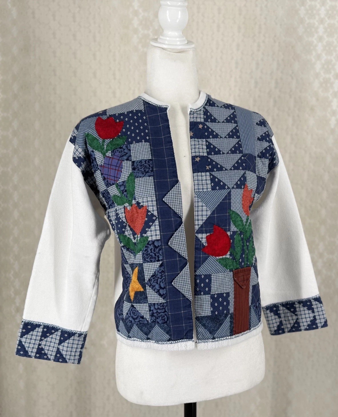 VTG Handmade Quilt Patchwork Sweater Jacket Cottagecore Teacher Folk Flowers SM