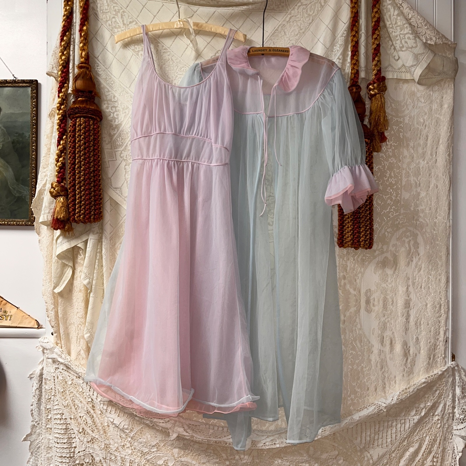 Vintage 1960s Multi Color Nylon Peignoir Slip + Robe Set 2 Pc Pin Up Small Cute