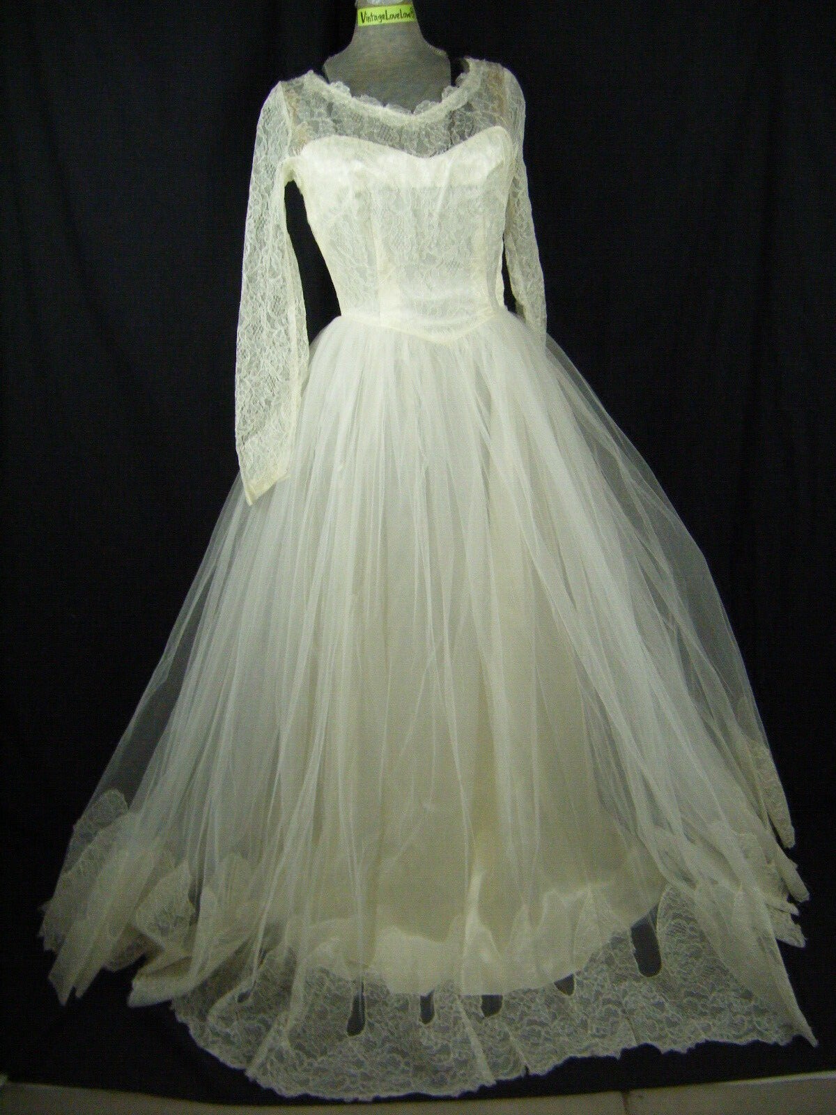 Dated 1955 Vtg Ivory Lace Net Illusion Full Tulle Wedding Dress-Bust 36/2XS