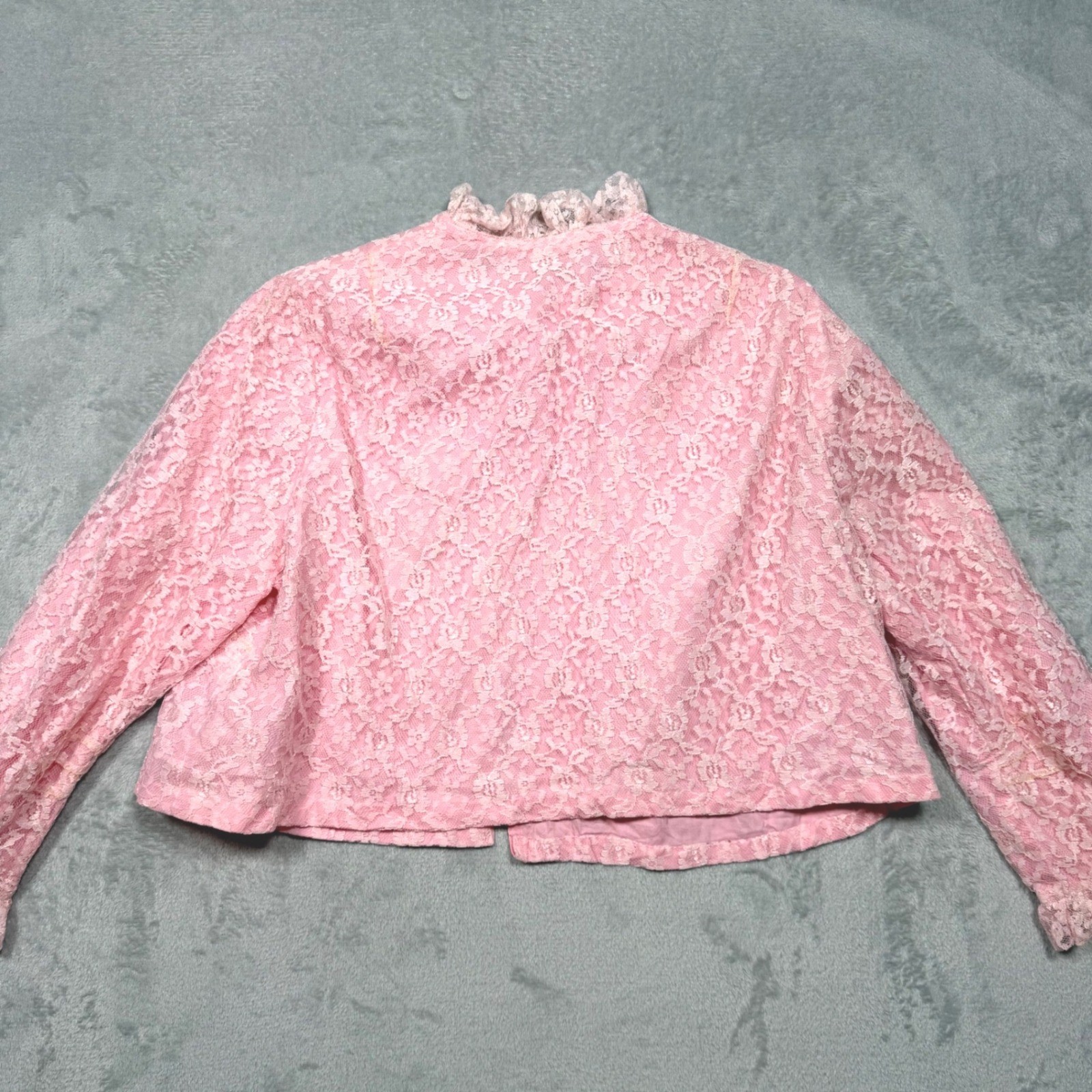 Vintage 1960s Pink Lace Cropped Jacket Ruffle Neck Coquette Medium