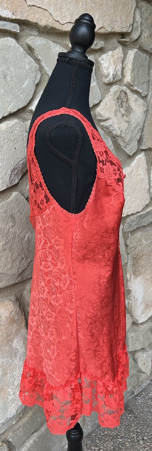 Vintage Val Mode Nightgown Medium Red Liquid Satin Lace Excellent Condition