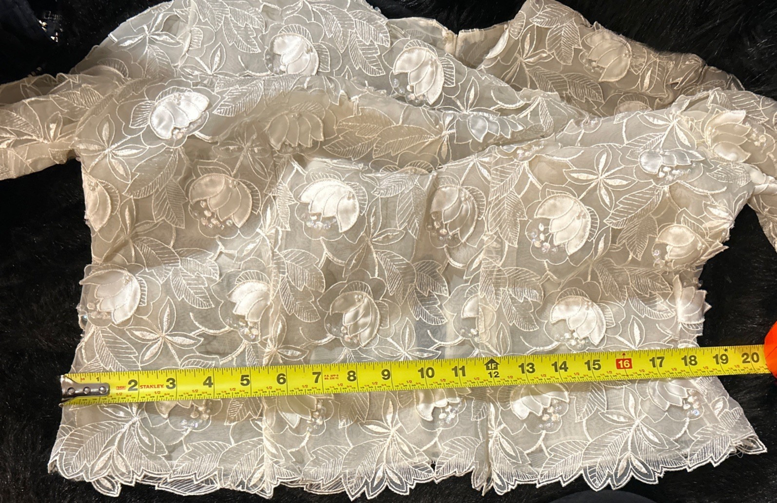 Vintage Beaded/Sequined Appliquéd Lace Top Pearl Style Buttons & Peekaboo Back