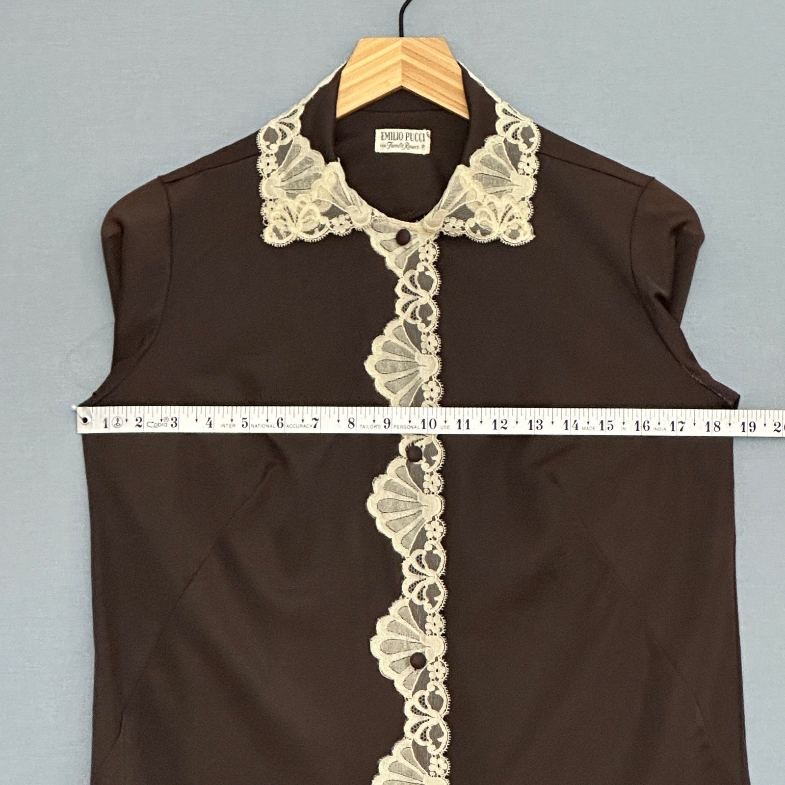 VTG 60s Emilio Pucci Formfit Rogers Womens Top 8 Brown Lace Trim Retro Romantic