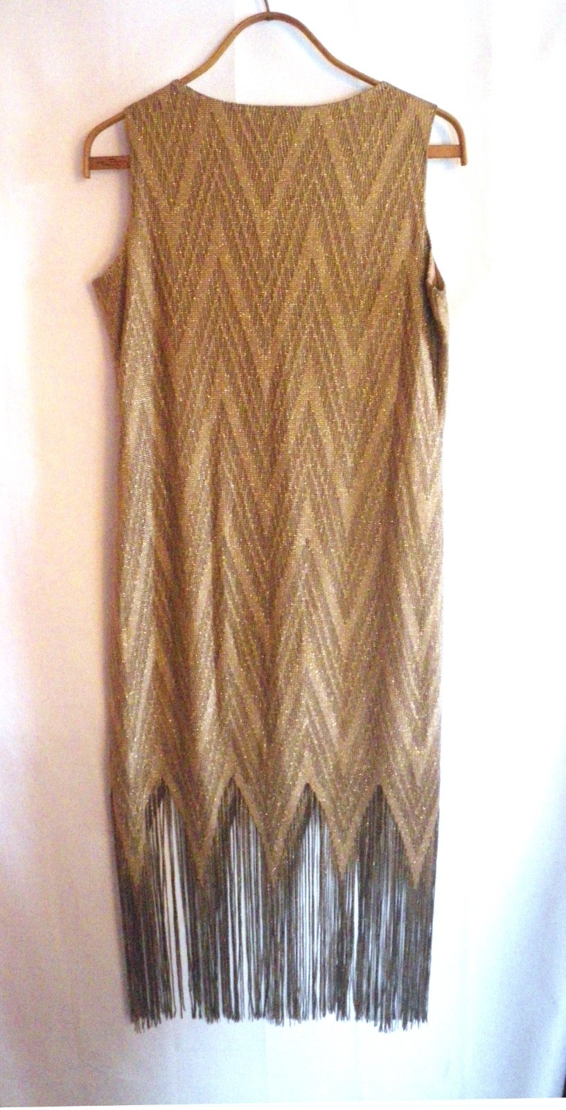 1920s Style Sleeveless Morningside Gold Knit Mesh Flapper Dress Fringe Size 12
