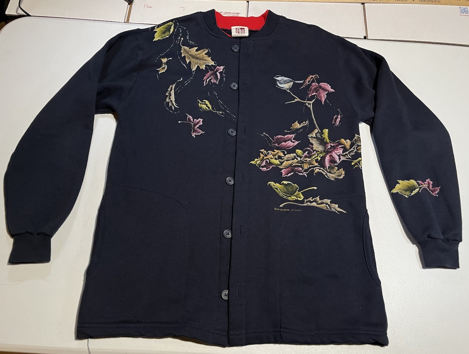 vtg Art Unlimited AOP All Over Print M Cardigan Sweater Bird Nature Grandma Core
