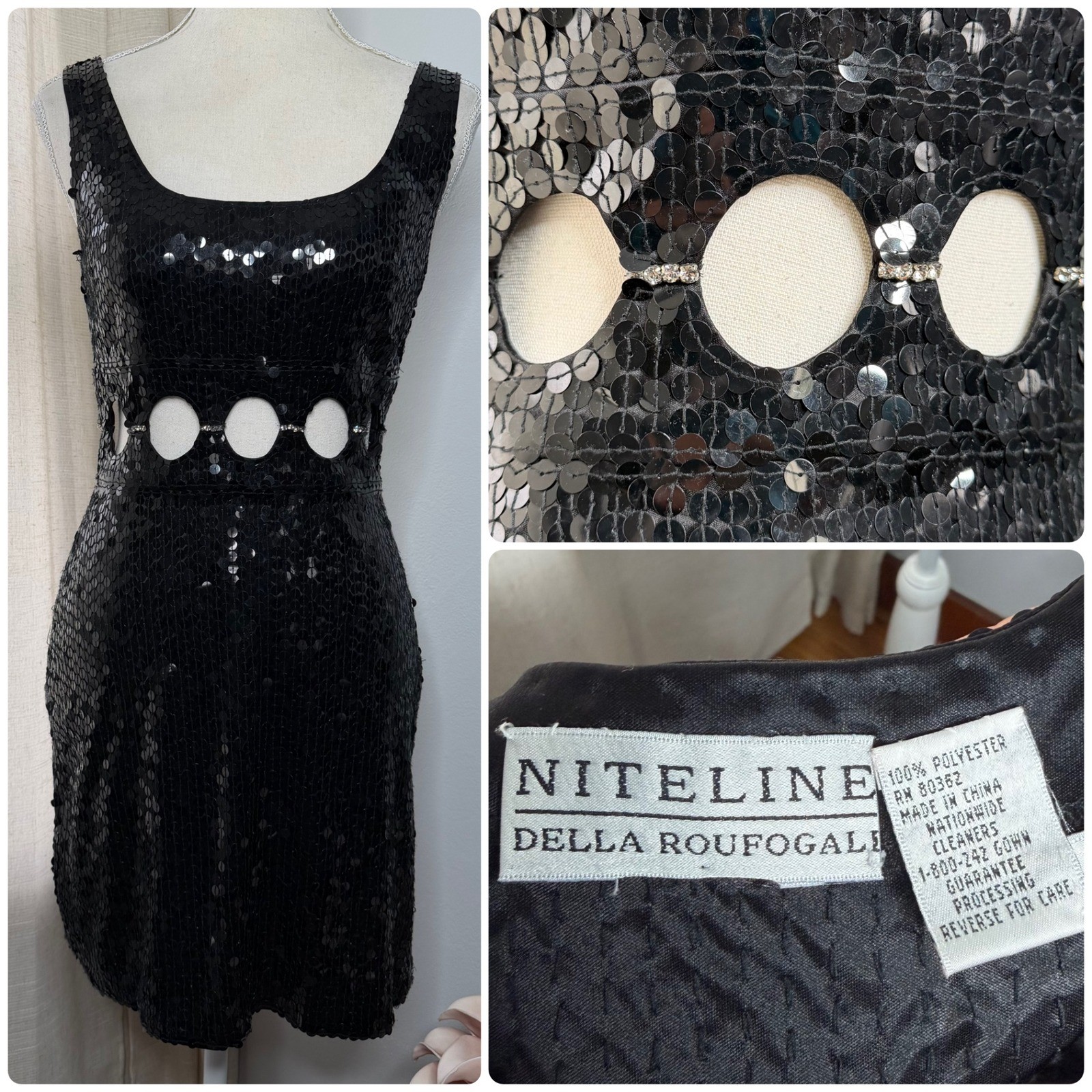 Vintage Niteline Della Roufogali Sequin Cutout Rhinestone Mini Dress Black 4