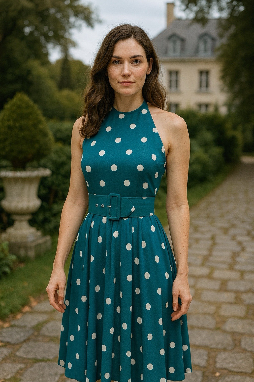Vtg 80s Brooks Atelier NY Teal Polka Dot Dress W/ Belt Halter Neck Xs Old Money