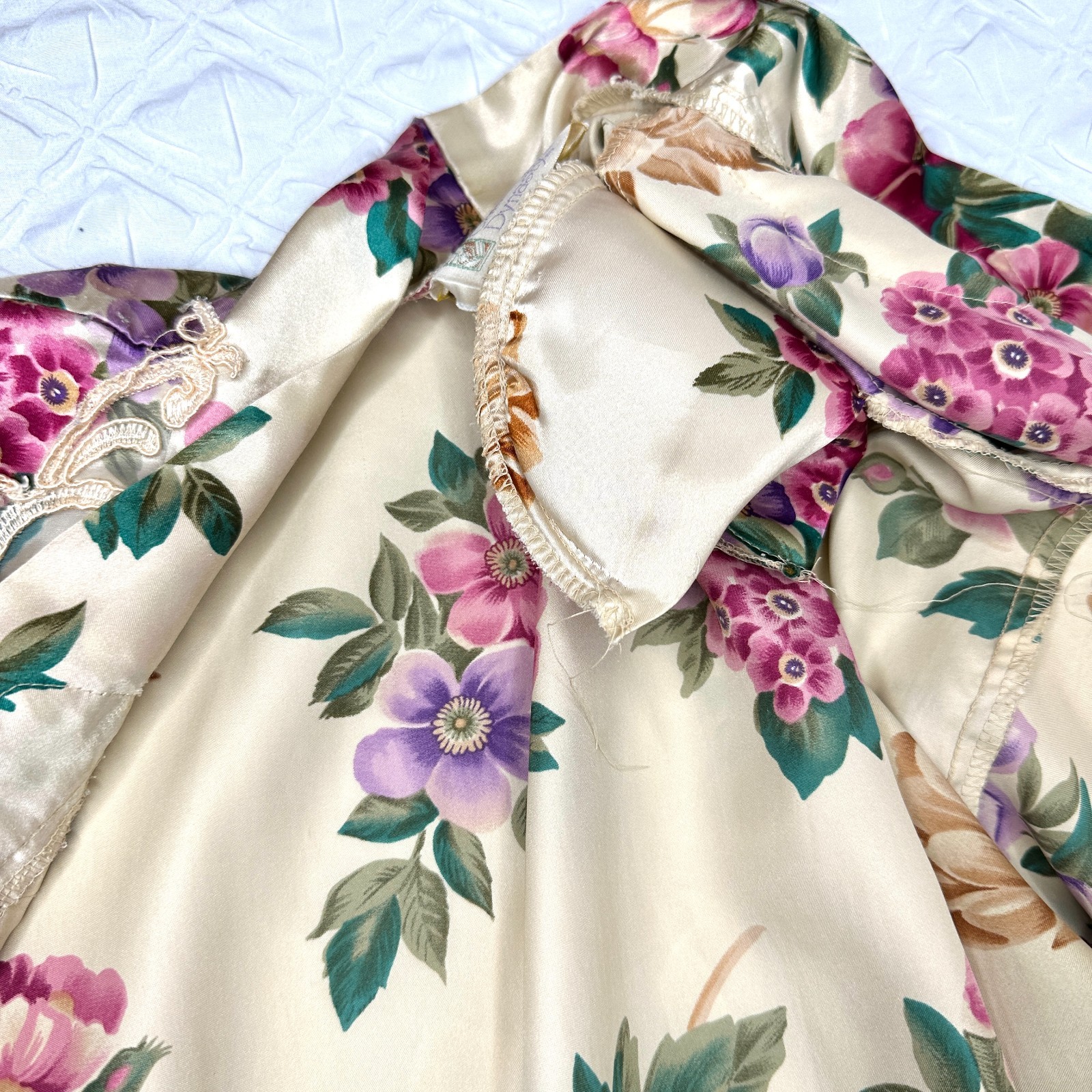 VTG California Dynasty Floral Lace Belted Robe, Small Made USA Coquette Cottage