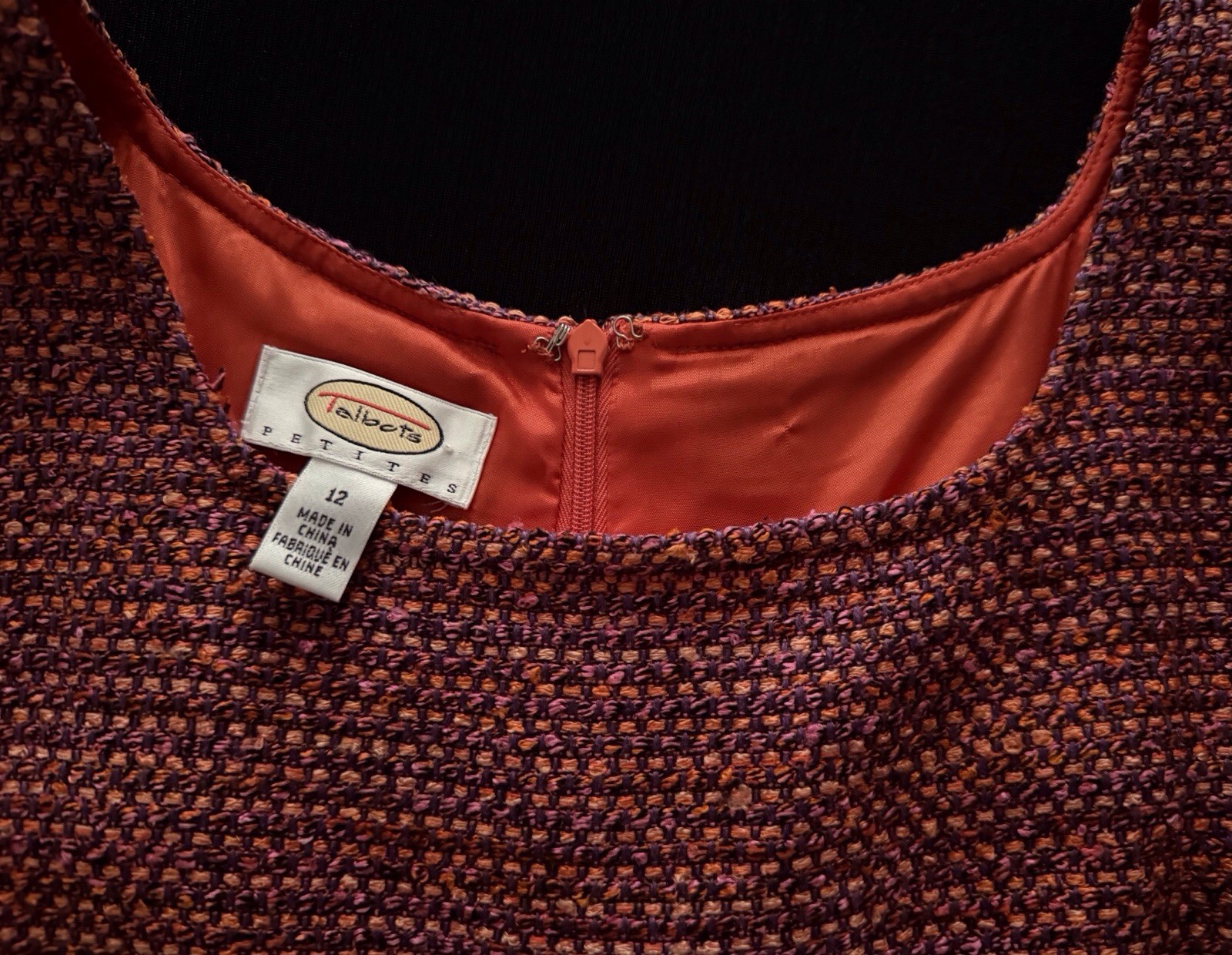 Talbots 2pc Silk Blend Multi Rasberry/Wine Tweed Sheath Dress Jacket Set Sz12P