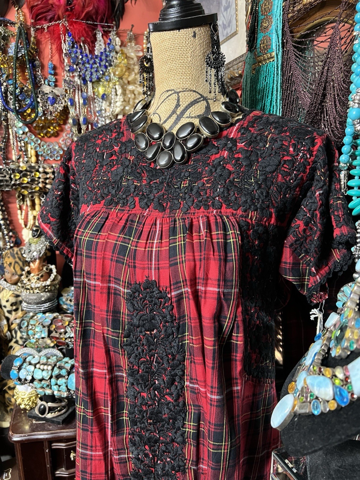 Beautiful Sister Mary Oaxaca Red & Black Plaid Black Embroidery & Crochet ML