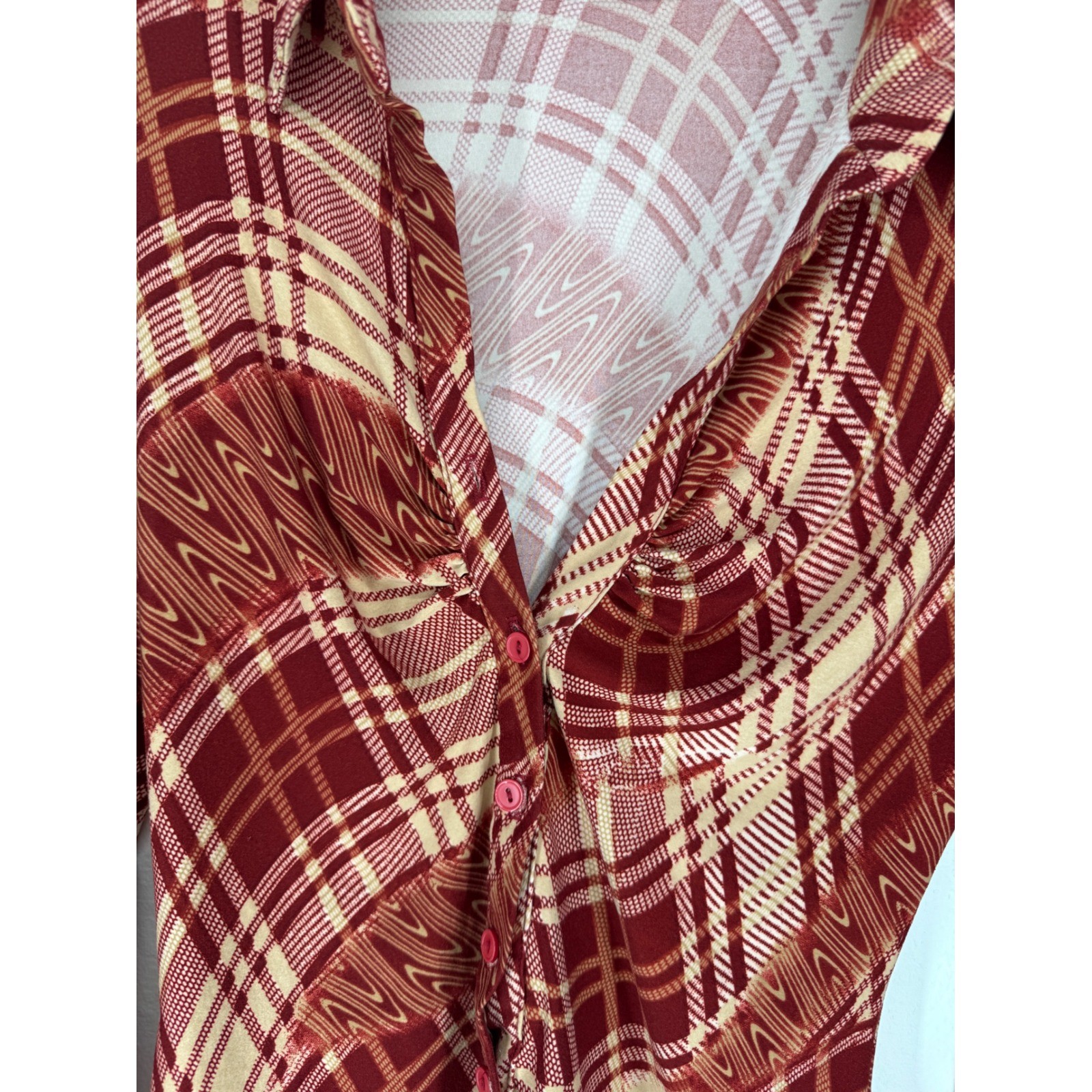 Vintage 90s Y2K Abstract Button Blouse Small Burgundy 70s Style Disco Stretch