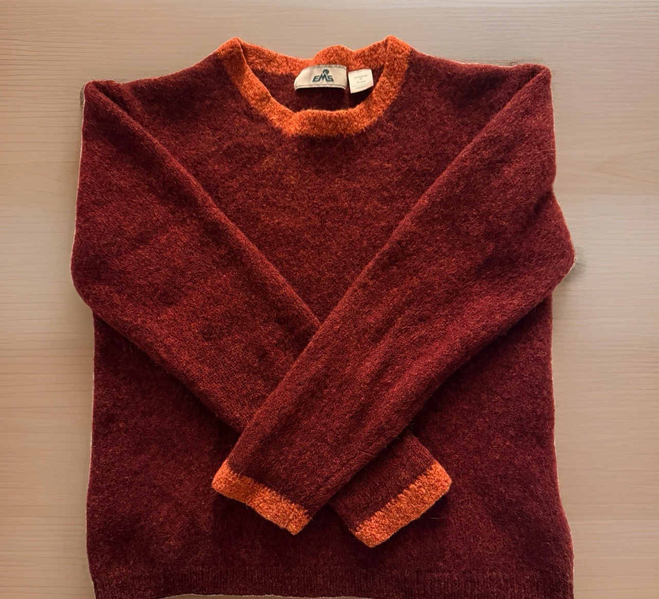 Vintage EMS Eastern Mountain Sports M Wool Sweater Burgundy Orange Trim Fuzzy