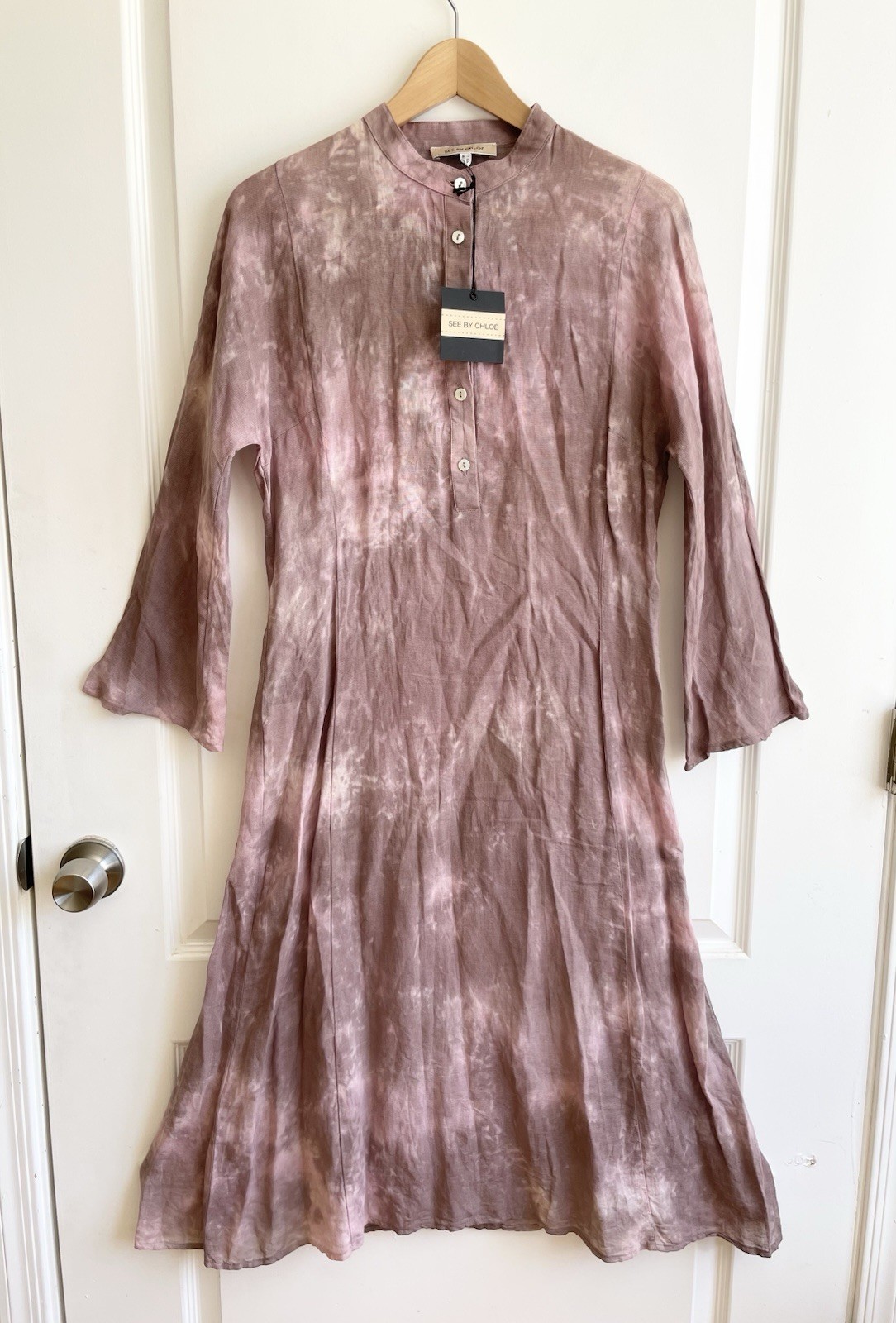 Vintage See By Chloe Garment Tie Dyed Shirt Dress Linen Cotton Boho Retro 70s