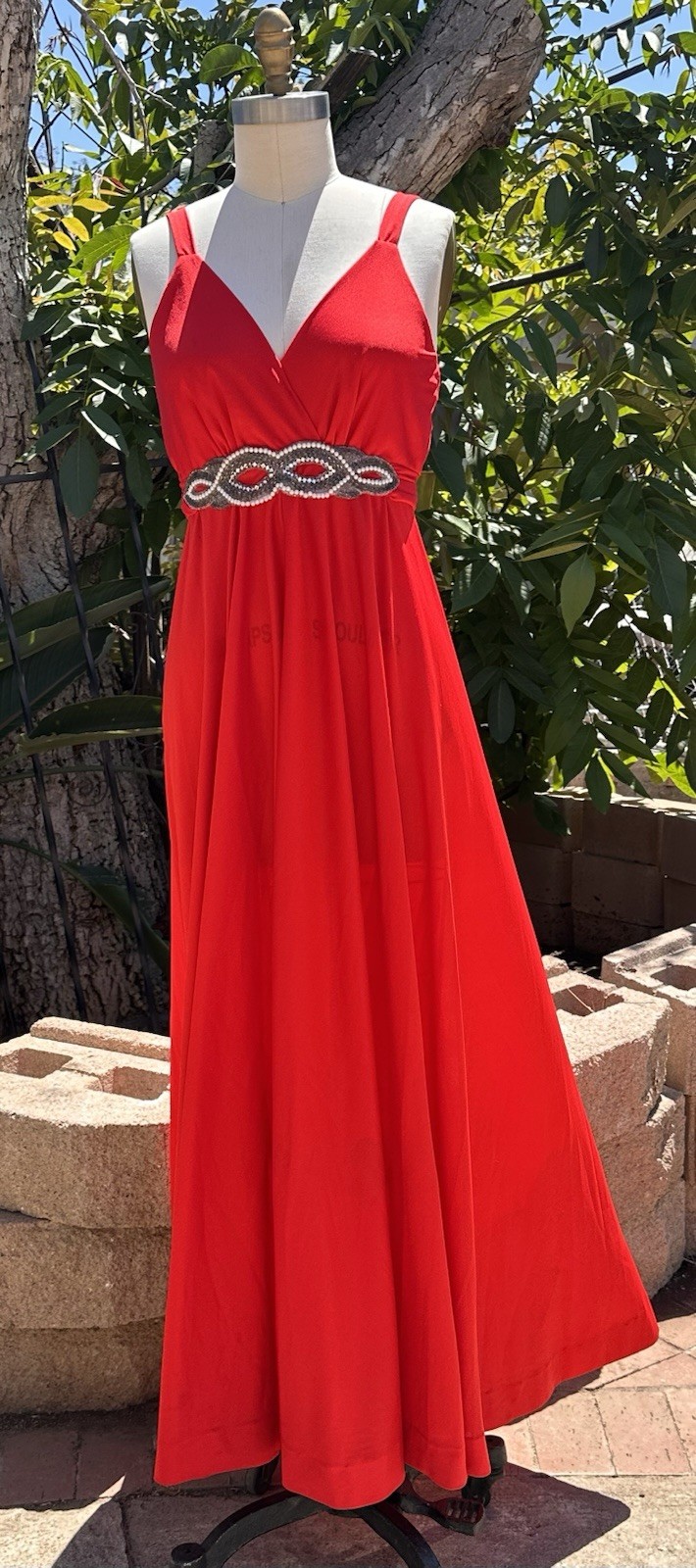 Vntg Lilli Diamond Red Evening Gown Long Cocktail Dress Beaded Waist V‑Neck 12