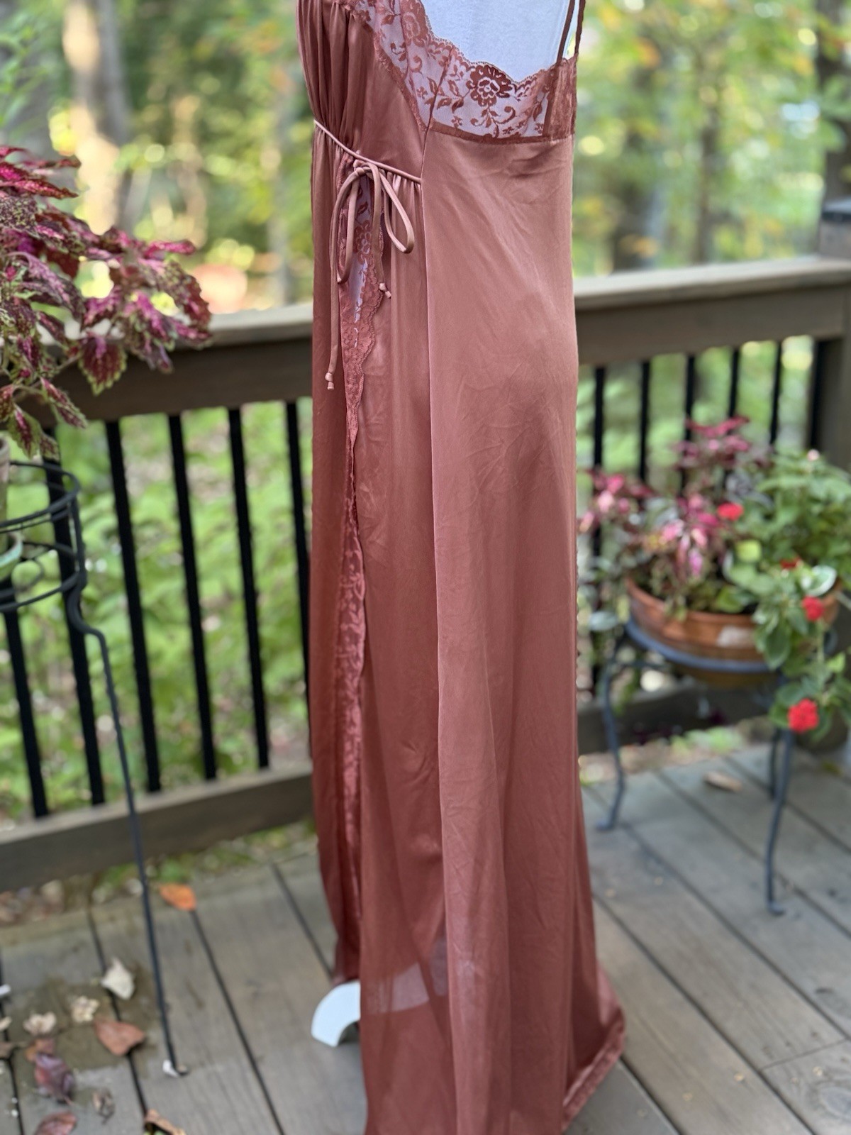 Vtg New Nightgown Long Goddess Pinehurst 70s Inset Lace UNIQUE Copper Brown M 36