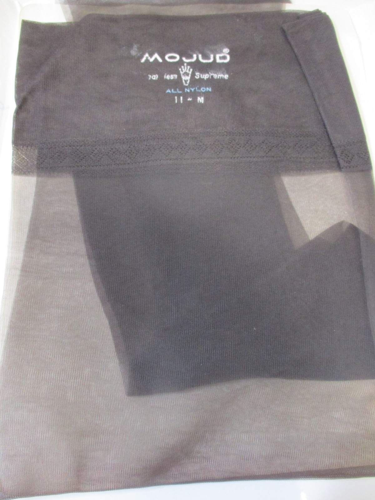 1 PR VINTAGE MOJUD RHT SHEER SHINY FLAT KNIT NYLON STOCKINGS SZ 11 MED BLACK