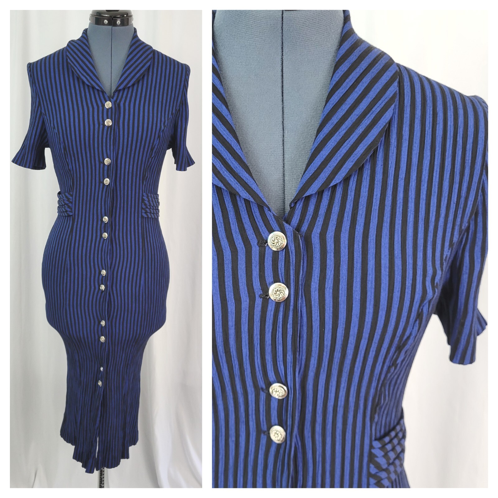 Vintage Miss Dorby Blue & Black Striped Pencil Dress w Button Down Size XS/S?