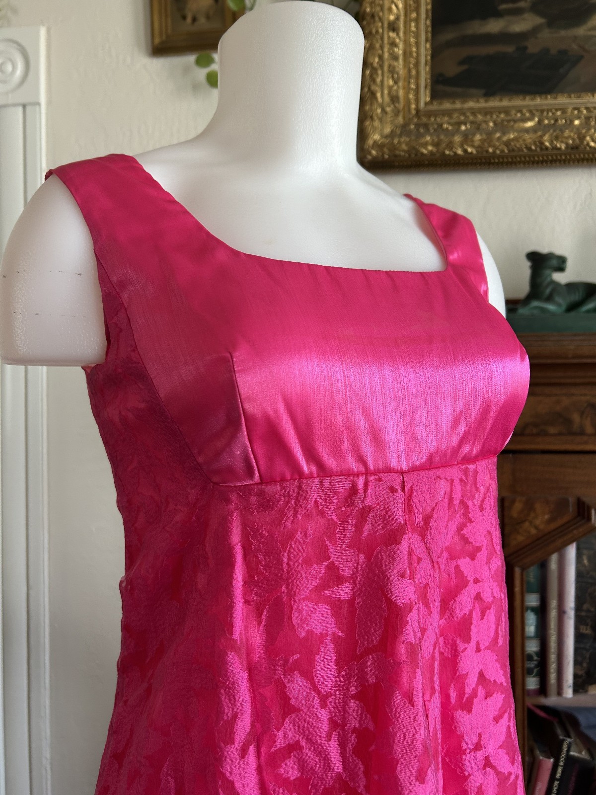 Vintage 1960s HOT Pink Shiny Empire Waist Maxi Dress Lace Overlay Formal XS S