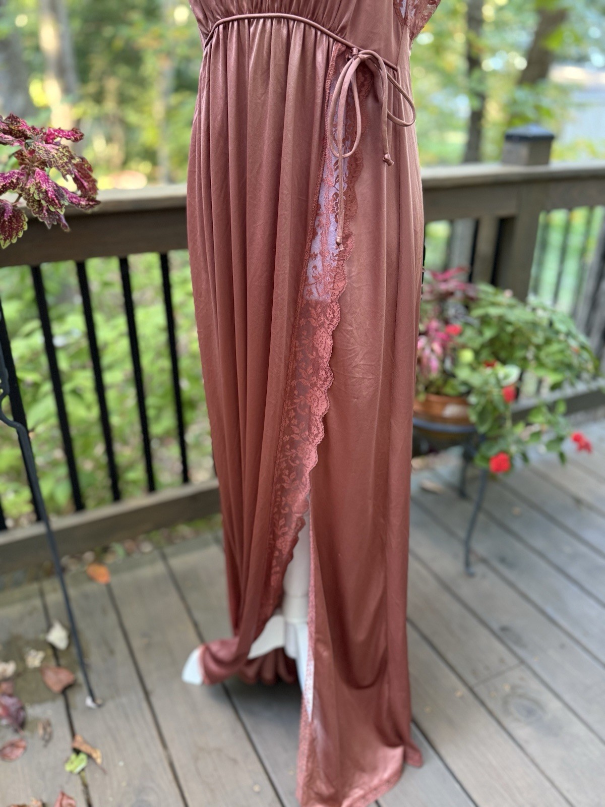 Vtg New Nightgown Long Goddess Pinehurst 70s Inset Lace UNIQUE Copper Brown M 36