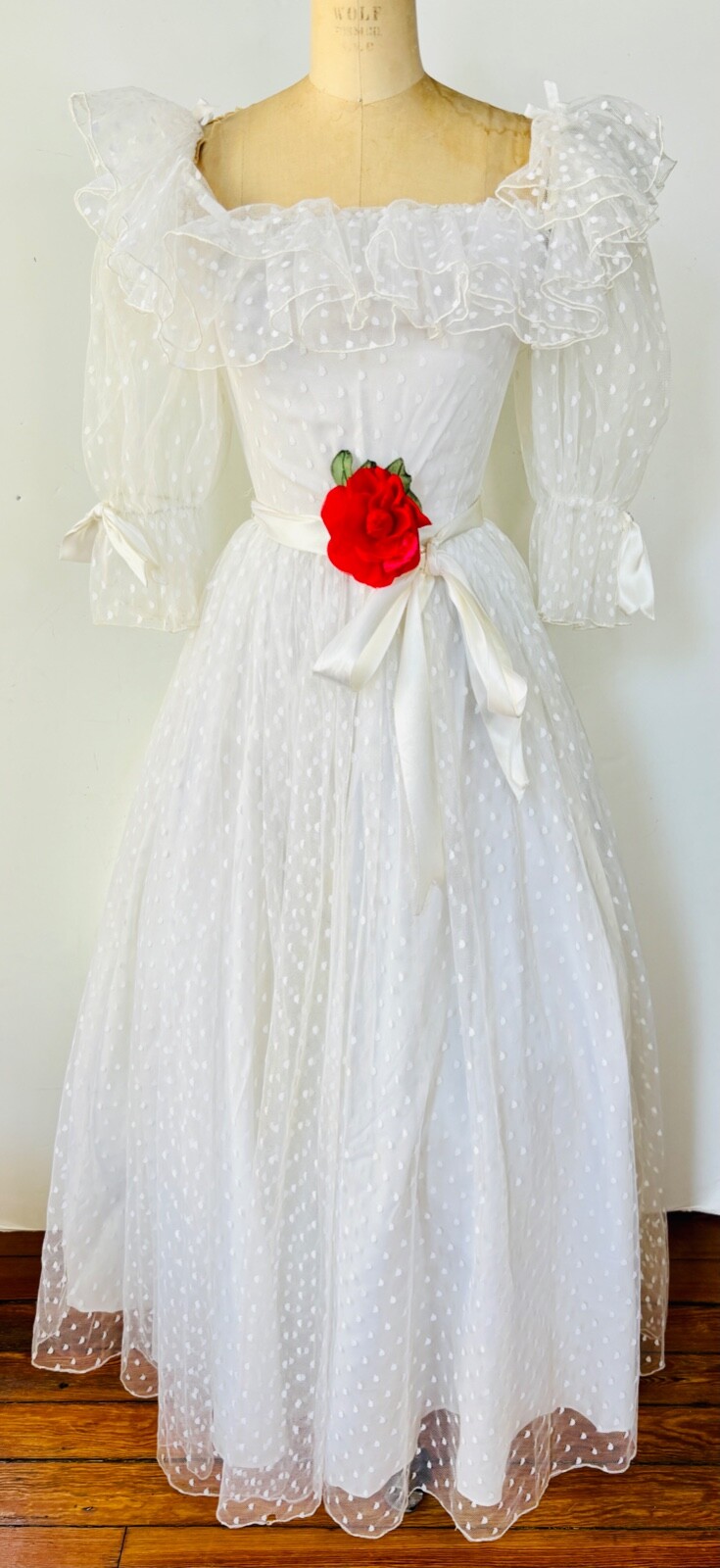 VTG 80s WHITE POLKA DOT TULLE RUFFLE BOW COQUETTE WHITE GOWN PRINCESS DRESS*XS/S