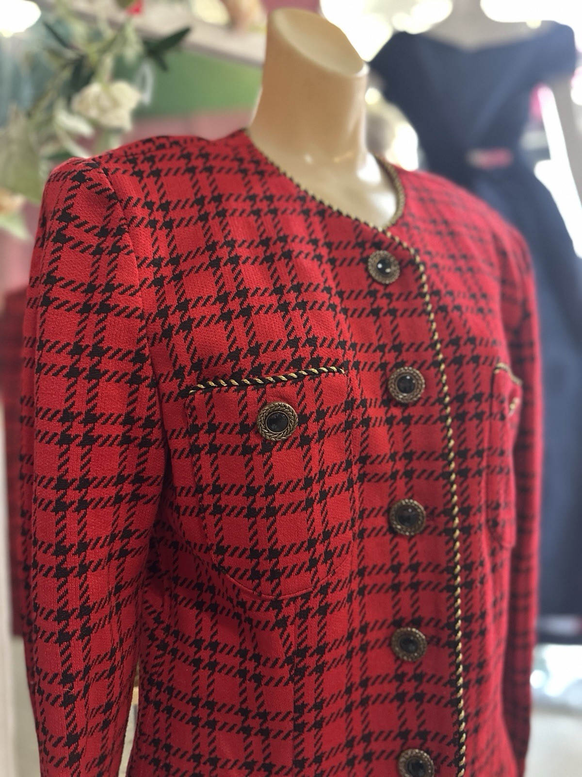 Vintage 80s Red Black Houndstooth Blazer Structured New Wave Holiday Diana M